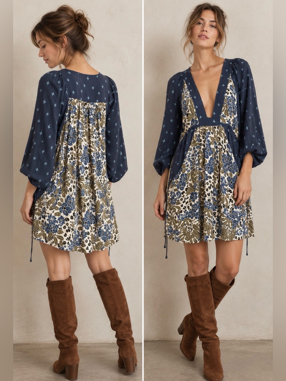 Free People talula dress blue brown fall floral print mini swing tunic S